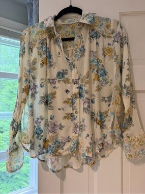 Free People Cream Floral Button-Front Top with Blue & Mustard Accents